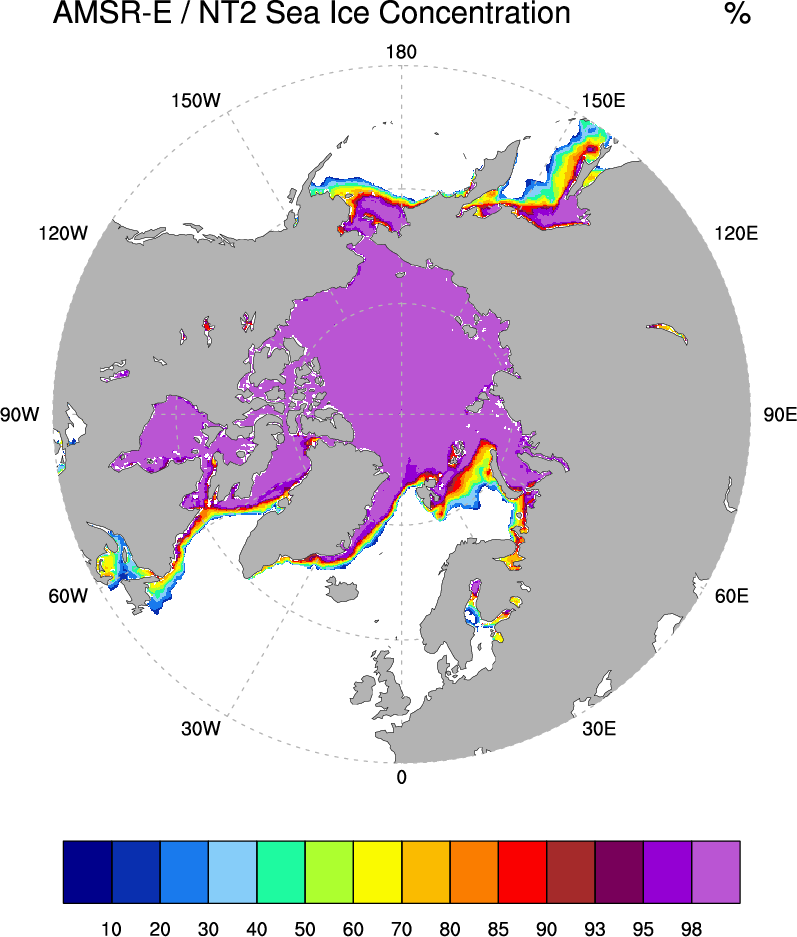 Sea Ice Concentration data from NASA Goddard and NSIDC using AMSR-E and NASA TEAM2 (NT2) algorithm