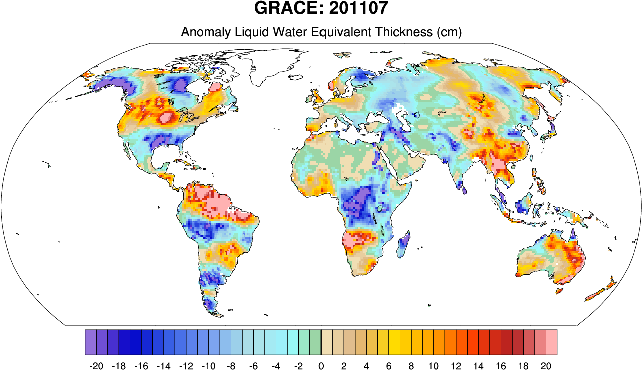 GRACE: Gravity Recovery and Climate Experiment: Surface mass, total water storage, and derived variables