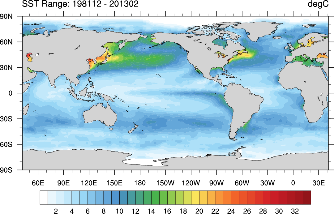SST data: NOAA Optimal Interpolation (OI) SST Analysis, version 2 (OISSTv2) 1x1