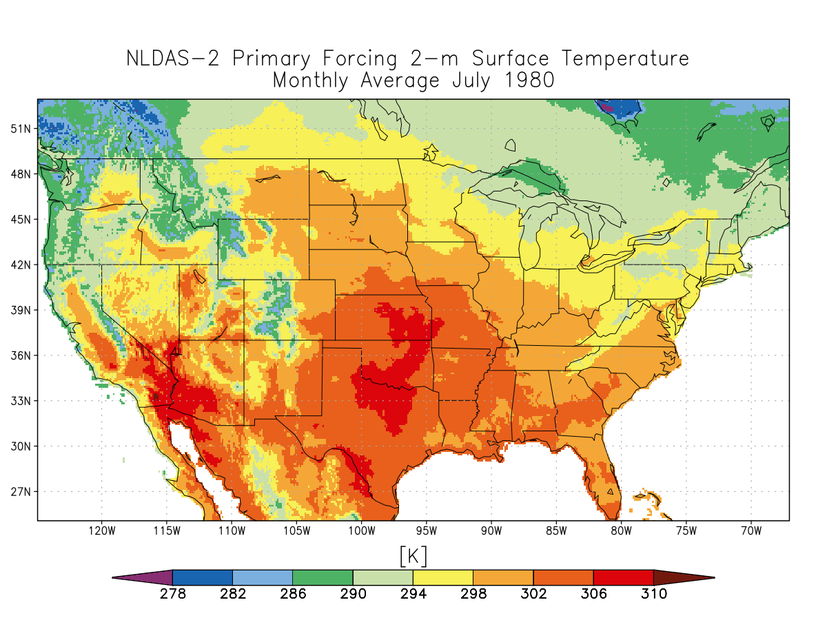 NLDAS-2 Primary Forcing monthly average 2-m surface temperature for July 1980.