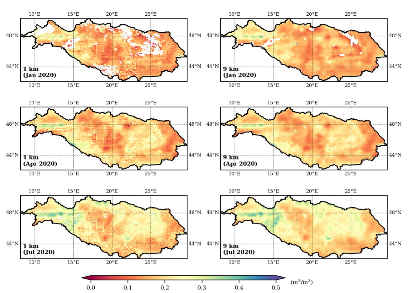 The monthly averaged downscaled 1 km and 9 km SMAP SM of descending overpass (6 a.m.) from 2020 in Danube River basin. (contributed by Bin Fang and Venkat Lakshmi)