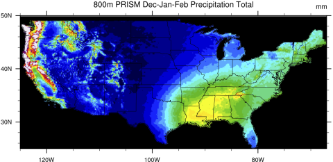 map of winter-mean precipitation in the USA in the PRISM dataset