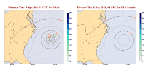 Map showing the representation of a hurricane in a new (left) vs old (right) version of the ECMWF reanalysis