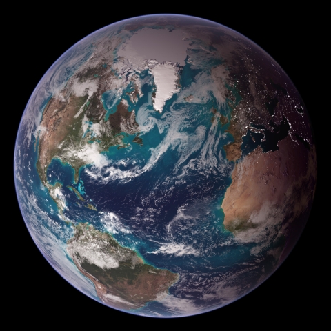 NASA Blue Marble image of the western hemisphere, fusing land, sea ice, ocean, cloud, and topography layers from various satellite data sets