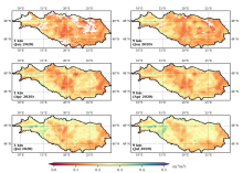 The monthly averaged downscaled 1 km and 9 km SMAP SM of descending overpass (6 a.m.) from 2020 in Danube River basin. (contributed by Bin Fang and Venkat Lakshmi)