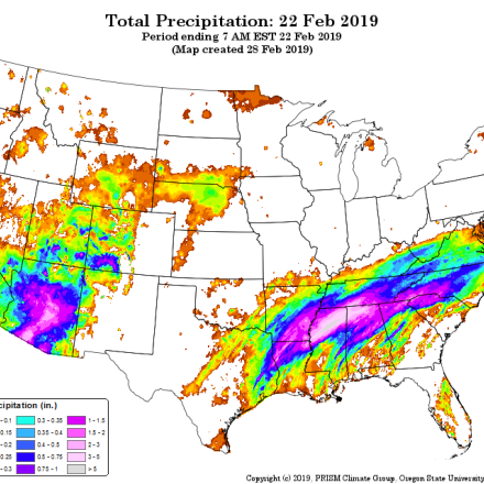 map of PRISM precipitation total for 22 February 2019 (contributed by C Daly)