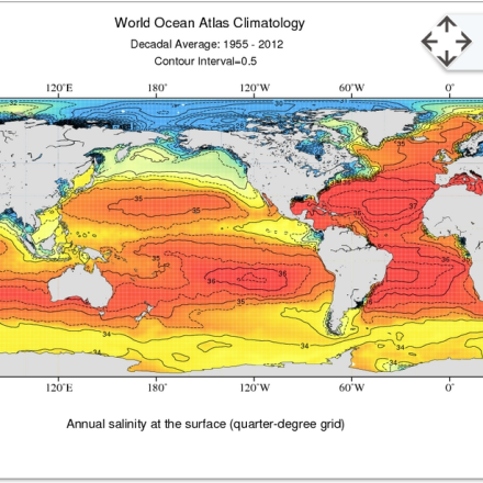 Annual salinity at the surface (quarter-degree grid) for 1955-2012 time period
