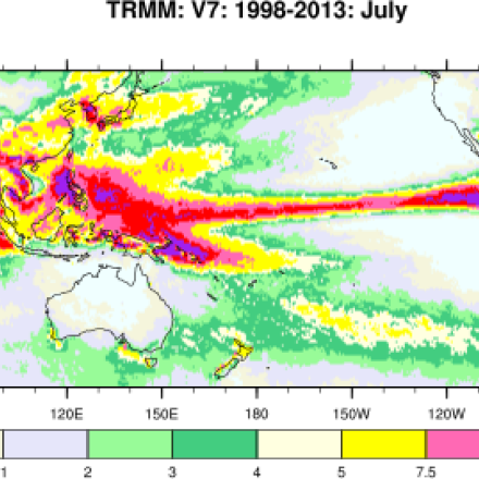 TRMM 3B43 V7: July 1998-2013 climatology.