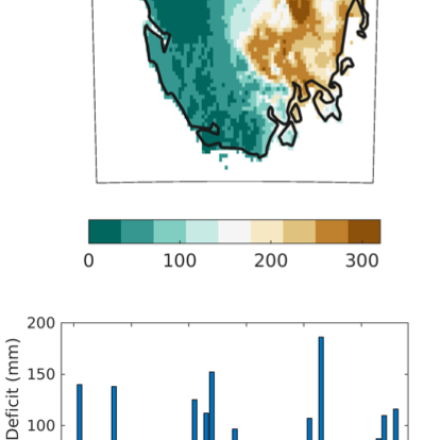 1981-2010 average Dec-February climatic water deficit for Tasmania as represented in TerraClim (contributed by J. Abatzoglou)