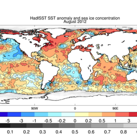 HadISST v1.1 SST anomalies and sea ice concentration (August 2012; source Hadley Center).