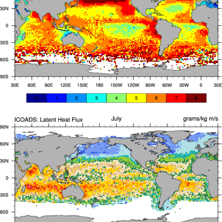 Climate Data Guide Image: ICOADS cloud cover abd latent heat flux.