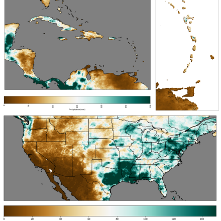 CSpatial May Precipitation Totals in 2014 across the Caribbean, the Eastern Caribbean, and CONUS via CHIRPSv2. ontributed by Carlos Martinez