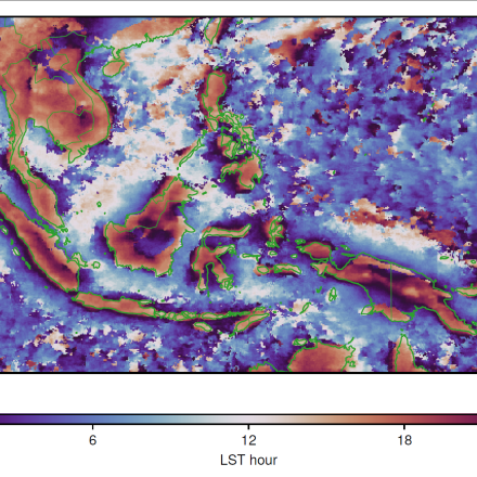 Map of the Maritime Continent showing local solar time of peak diurnal precipitation cycle from IMERG V06B