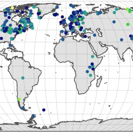 Global map indicating distribution of lake sediment records in the Temperature 12K database. contributed by Ellie Broadman and Laura Larocca 