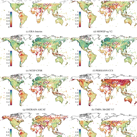 Maps showing temporal correlations between 3-day mean rain gauge- and product-based time series. 