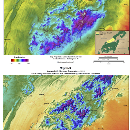 Annual climatologies based on Daymet V3 data showing the vicinity of and boundaries including the Great Smoky Mountains Nation Park and surrounding USDA Forest Service.  (contributed by Michele Thornton)
