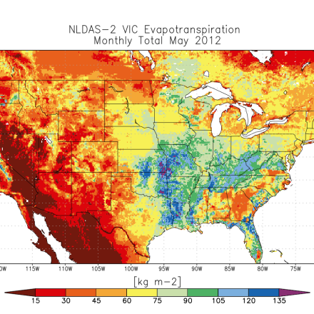 NLDAS-2 VIC monthly total Evapotranspiration for May 2012. 