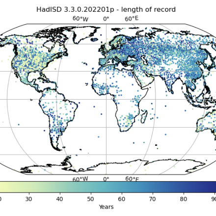 Station coverage and length of record (note that short-length stations obscure long ones in some dense regions here) (contributed by Colin Raymond)