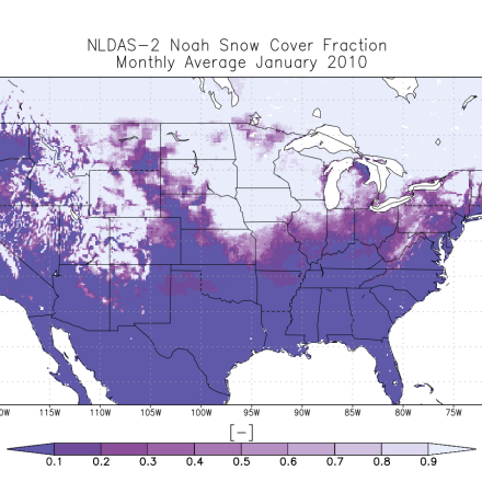 NLDAS-2 Noah monthly average snow cover fraction for January 2010.
