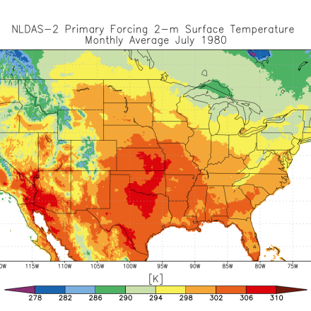 NLDAS-2 Primary Forcing monthly average 2-m surface temperature for July 1980.