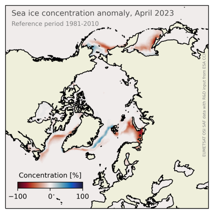 Northern Hemisphere sea-ice concentration anomaly for April 2023, relative to mean April in the reference period 1981-2010. (contributed by Signe Aaboe and Thomas Lavergne)