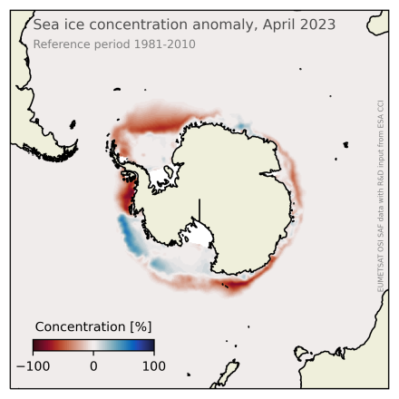 Southern Hemisphere sea-ice concentration anomaly for April 2023, relative to mean April in the reference period 1981-2010  (credit: Signe Aaboe and Thomas Lavergne)