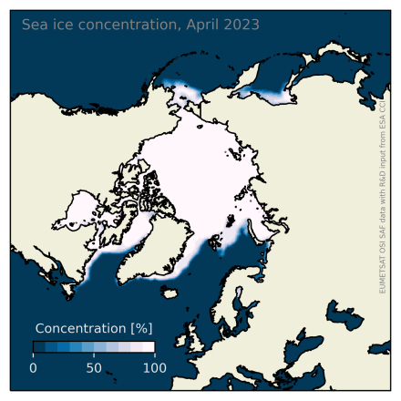 Northern Hemisphere sea-ice concentration for April 2023. (contributed by Signe Aaboe and Thomas Lavergne)