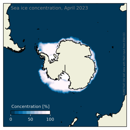 Southern Hemisphere sea-ice concentration for April 2023. (credit: Signe Aaboe and Thomas Lavergne)