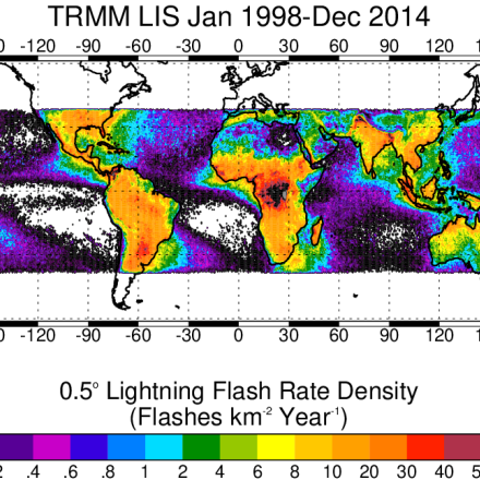 Post-boost climatology of lightning from TRMM LIS (September 2001 through December 2014). Taken from Blakeslee et al. (2020). (credit: Dennis Buechler)