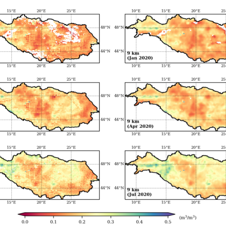 The monthly averaged downscaled 1 km and 9 km SMAP SM of descending overpass (6 a.m.) from 2020 in Danube River basin. (contributed by Bin Fang and Venkat Lakshmi)