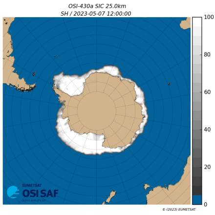 Southern Hemisphere sea-ice concentration for May 7, 2023. Standard OSI SAF quick-look daily map (https://osisaf-hl.met.no/quicklooks-1prod). (contributed by Signe Aaboe and Thomas Lavergne)